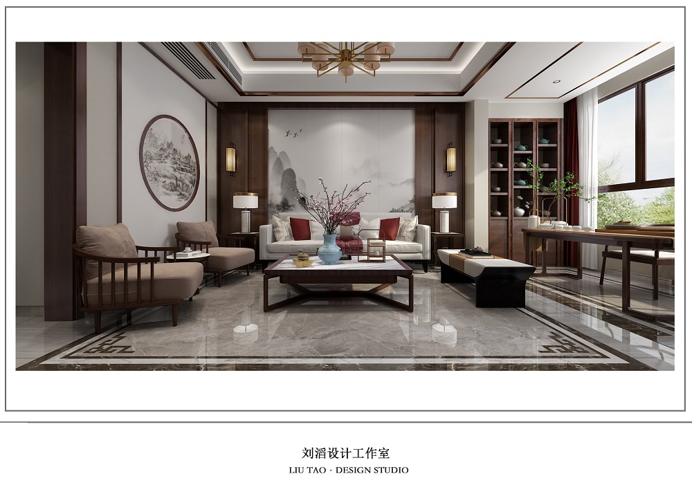 翡翠公園260㎡復(fù)合寫(xiě)意別墅 裝修案例效果圖-1沙發(fā)背景