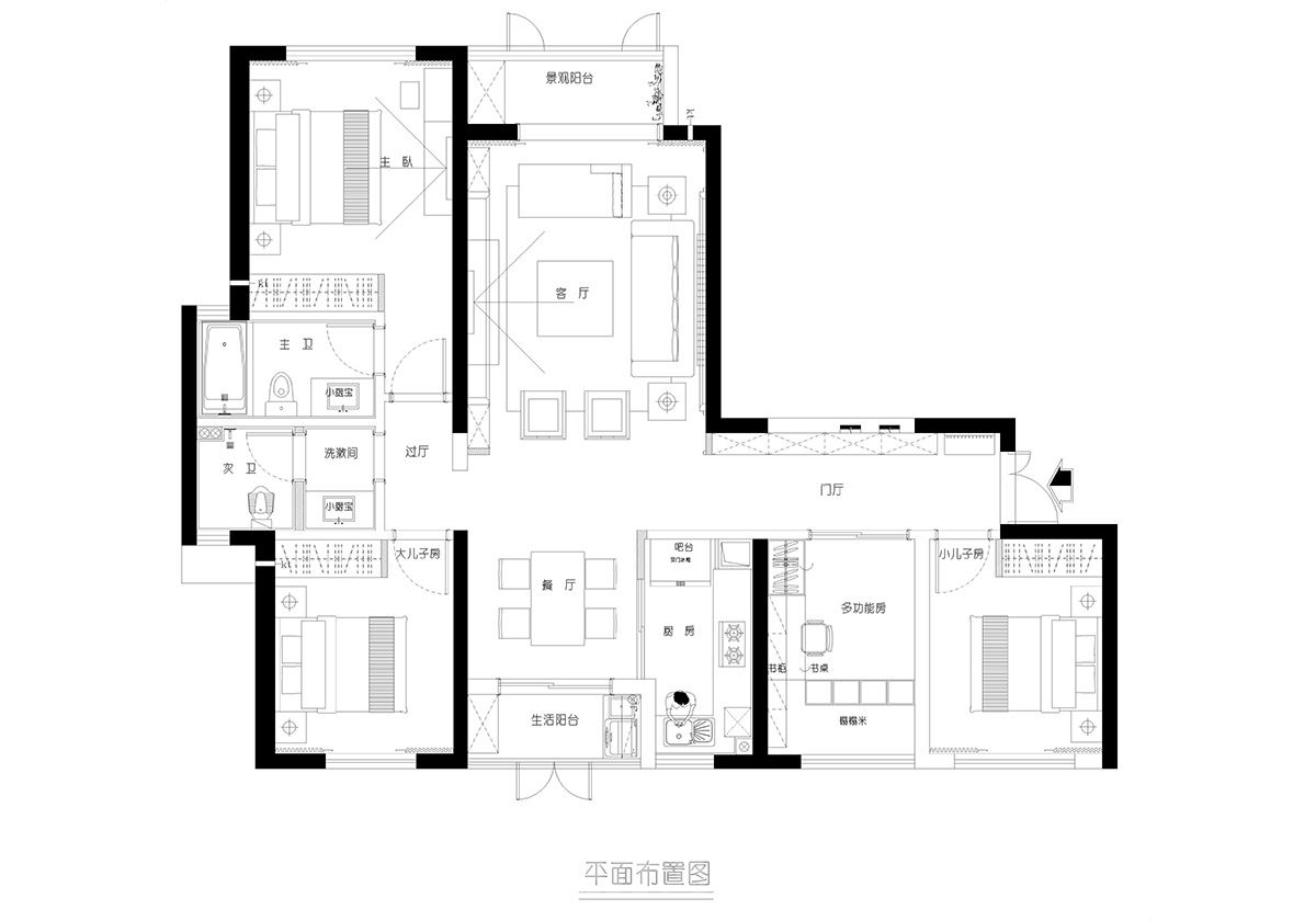 北辰三角洲130㎡新裝飾主義四居室 裝修案例實(shí)景圖-02平面布置圖